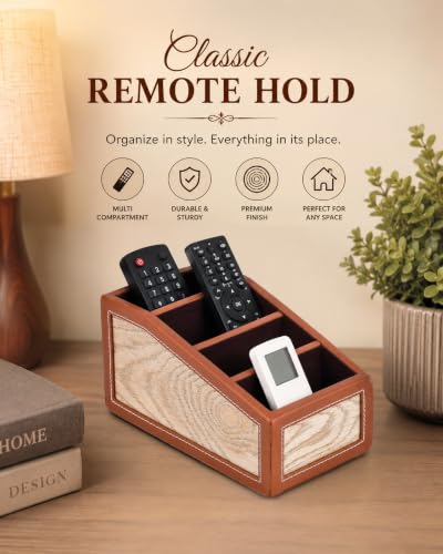 Image of Premsons Classic Remote Holder - 4 Section Tabletop Organizer in Light Brown | Faux Leather with Refined Wooden Finish | Decorative & Practical Organizer - Orange
