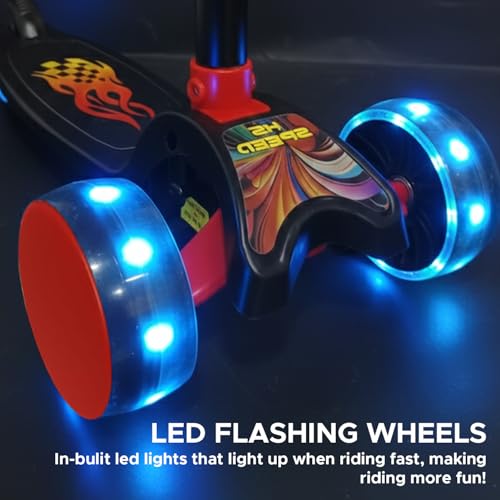 Image of NHR Foldable 3-Wheel Kick Scooter for Kids Aged 3-8 Years - Adjustable 4-Level Height, LED Light-Up Flashing Wheels, Lean-to-Steer Mechanism, Wide Anti-Slip Deck & Rear Foot Brake (Red /Black)