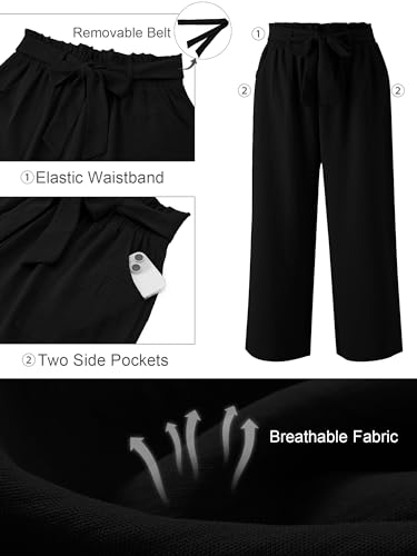 AusLook Women's Plus Size Wide Leg Pants with Pockets Black 2X Lightweight High Waisted Tie Knot Paperbag Dressy Palazzo Loose Paper Bag Comfy Business Casual Work Flowy Dress Ladies' Trousers — view 2