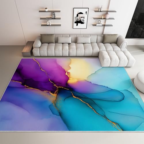 Tapis de salon bleu-violet avec dessin au trait abstrait moderne - 3