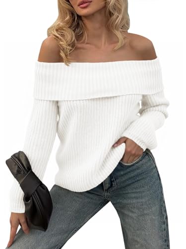 Saodimallsu Womens Off The Shoulder Sweaters Chunky Ribbed Knit Casual Long Sleeve Loose Fall Trendy Pullover Sweater