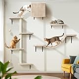 Thihome Kletterwand Katzen, 10-Teilig Katze Wandelemente, Stabiler Katzen Kletterwand aus Spanplattenmaterial, mit Wandmontage Katze Kratzbaum, Katzenhaus, Katzenbrücke, Katzenbaum & Hängeball, Beige