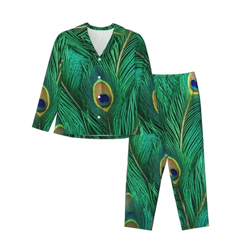 Pyjama manches longues femme vert imprimé paon ensemble nuit élastique