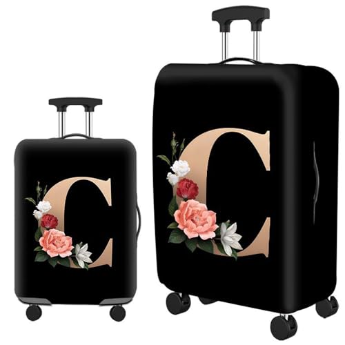 Flower Letter Black Luggage Cover, Elastic Washable Stretch Suitcase Protector Anti-Scratch Travel Suitcase Cover for Kid and Adult (Letter C, L (for 26-28 inch suitcase))