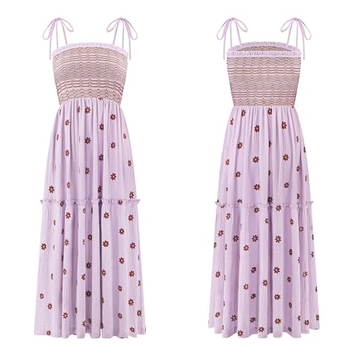 Image of R.Vivimos Womens Summer Cotton Boho Midi Dress 2026 Spaghetti Strap Floral Embroidered Smocked Tiered Flowy Long Dresses