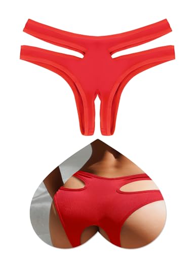 sunshinelady Women's Underwear Cut Out Sexy Bikini Panties Stretch String Hipster Boyshorts Plus Size Cheeky Briefs Red M