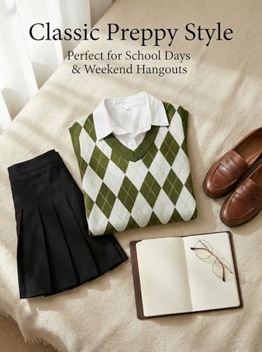 Image of SELINK Boys Girls V Neck Argyle Knit School Uniform Sweater Vest | Soft Cotton Polyester Blend Knitted Vest,Stockinette Stitch,Hand Wash Only For School Uniform Daily Wear