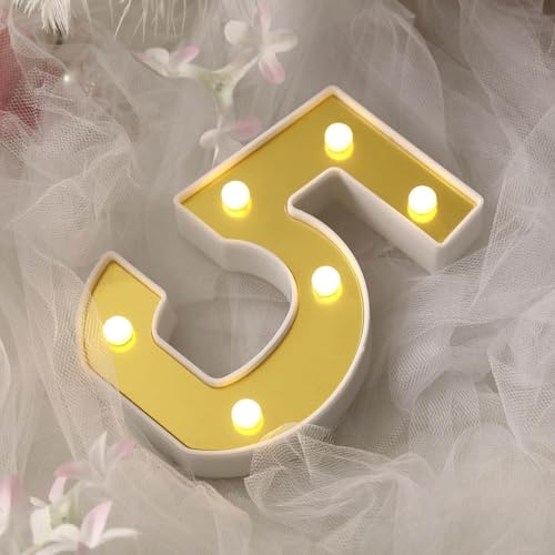 Image of Efavormart 6 inch Gold Marquee Number 5, Mirror Front Warm White LED Light Up 3D Sign, Battery Operated 72H Glow for Wedding Party & Wall Decor
