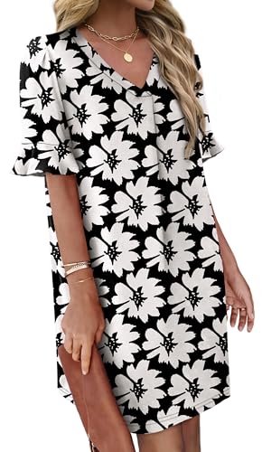 Image of OFEEFAN Summer Dresses for Women Ruffle Short Sleeve V Neck Casual Shift Dress with Pockets