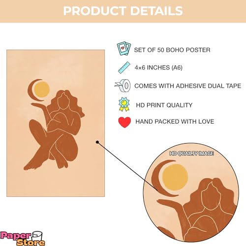 Image of Paper9store Pack of 50 Aesthetic Wall Collage Kit - 4?6 Inches Self Adhesive Wall Posters for Bedroom, Living Room, Office A6 Size (Bohemian)