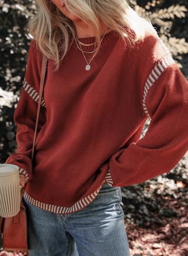 Image of Dokotoo Sweaters for Women Fashion Solid Crewneck Loose Fit Long Sleeve Contrast Cable Knit Pullover Sweater Jumper Tops