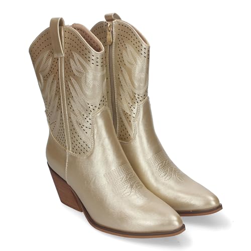 83919 Botin de Tacon Campero para Mujer, Estilo Vaquero, Elegantes, con Bordados en Pala y Cana, Punta Afilada y Practico Cierre Lateral de Cremallera. Oro Talla 41