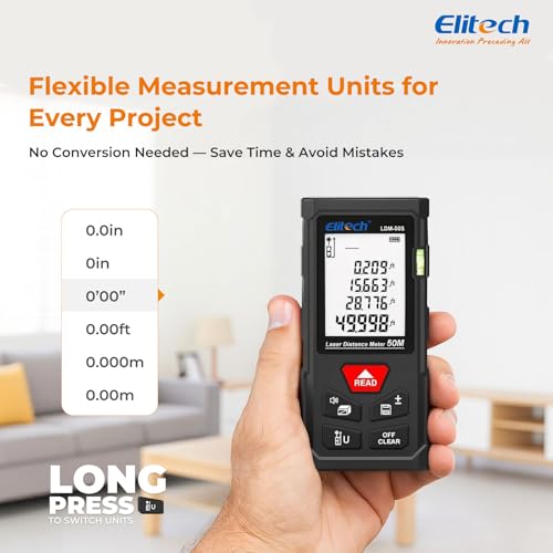 Elitech Laser Measure 165ft, Digital Laser Tape Measure for Home Decor & DIY, Handheld Distance Meter with Bubble Level, 99 Data Memory - Easier Than Metal Tape (Battery & Hand Strap Included) thumbnail 6