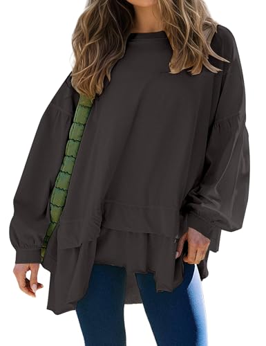 Ythomm Womens Layered Ruffle Hem Sweatshirt Oversized Scoop Neck Long