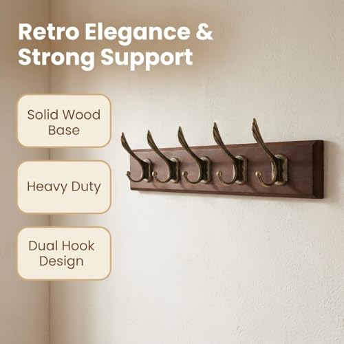 Wall-Mounted-Coat-Rack-with-Solid-Wood-5-Bronze-Metal-Hooks--196-Inch-Rustic-Brown-Entryway-Organizer-for-Hanging-Coats-Hats-Jackets-Scarves-Bags-for-Hallway-Bedroom-Bathroom5Hooks