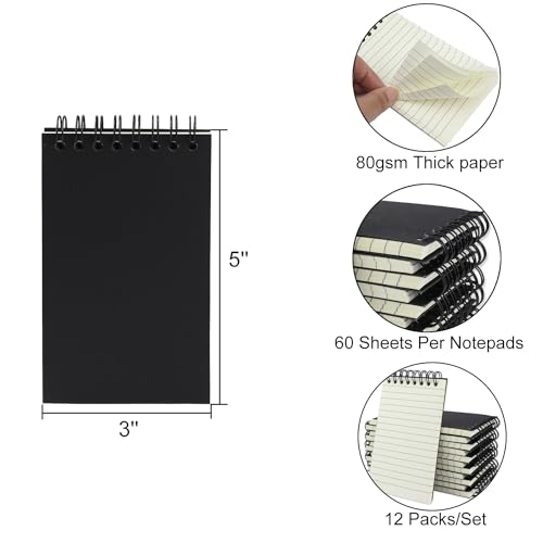 Aacehlh 12 Pack Pocket Notebooks, 3x5 Small Notepads, Mini Spiral Notebooks, 60 Sheets/120 Pages,Lined College Ruled Paper, Memo Pads for Home, Office, School or Travel (Black)