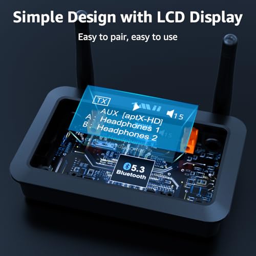 Image of 1Mii B03Pro+ Bluetooth 5.3 Transmitter Receiver Certified LDAC for TV Home Stereo, Long Range Bluetooth Extender Wireless Audio Adapter with Screen, Optical RCA AUX 3.5mm Outputs /Inputs