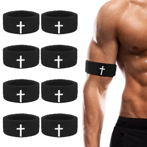 Zeyune 8 Pack Cross Bicep Bands Christian Arm Sweat Bands Armband Wristbands for Men Women Football Baseball Players Sports Activities Keep Hands Dry and Comfortable Machine Washable(Black)