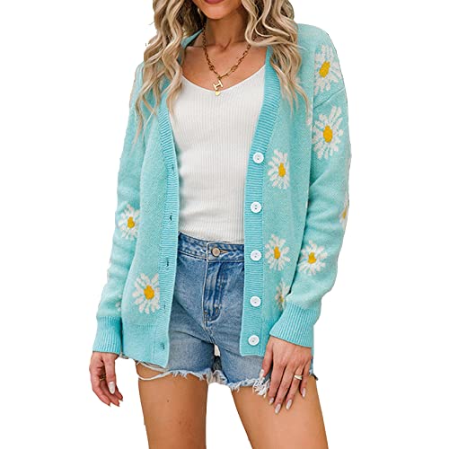 Image of Women's Floral Print Long Sleeve V-Neck Sweaters Button Down Ribbed Cuffs Knit Cropped Cardigan Sweater