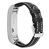 ESeekGo for Fitbit Alta Leather Bands, Genuine Leather Replacement Band for Fitbit Alta HR and Fitbit Alta (No Tracker,Black with White Line)