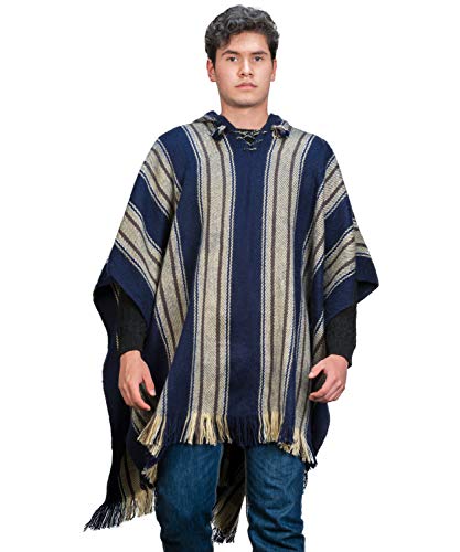 Image of Men's Cape Poncho in Navy Blue and Beige Wool - Alpaca Hooded Peruvian Poncho - Fashion Cloak Cape - Artisan Crafted