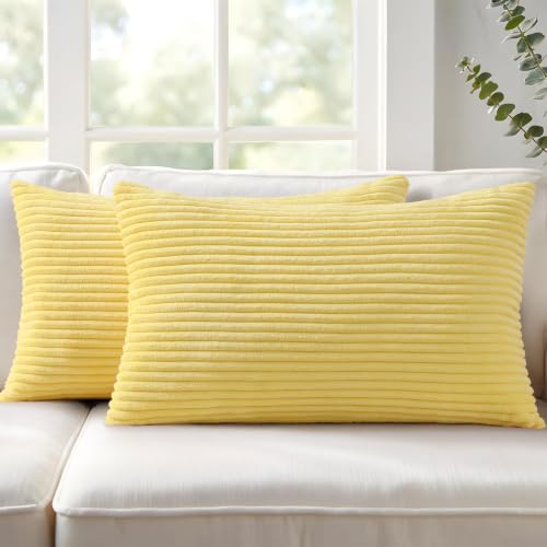 Image of Mecatny Corduroy Decorative Throw Pillow Covers 12x20 Set of 2 for Sofa Living Room, Soft Neutral Boho Couch Pillow Covers for Home Decor, Sundress Yellow