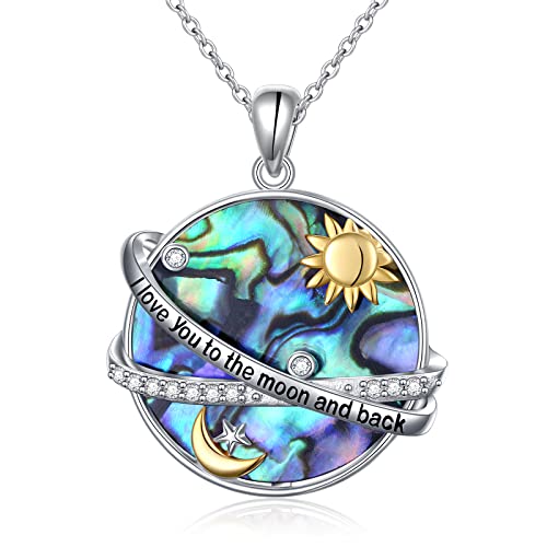 925 Sterling Silver Universe Planet Sun Moon Star Pendant Necklace Engraved“I Love You To The Moon And Back” Abalone Shell Jewelry For Girlfriend Wife Mom, 18" Chain #TOP26