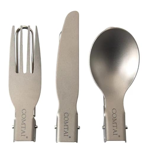 COMTAI Titanium Camping Cutlery Set, Foldable Travel Utensils Set Reusable, Titanium Knife, Fork, and Spoon Combo for Outdoor or Kitchen Use