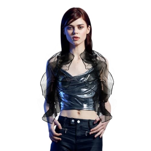 Black Long Organza Ruffled Pleated Sheer Detachable Decorative Scarf Wrap Neck Costume False Collar Shawl Tulle Shawls for Women s Wedding Bridal Party Evening Dress Accessories