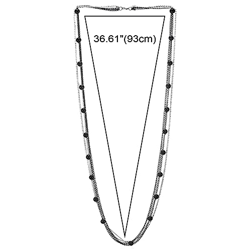 Coolsteelandbeyond Silver Black Statement Necklace Multi-Strand Long Chain With Rhinestones Black Plastic Beads Charms #TOP2