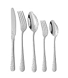 Juego de cubiertos de acero inoxidable de 20 piezas con estampado de rosas, incluye cuchillo, tenedor y cuchara. Vajilla de cocina.(Silver)