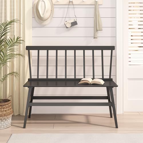 Wisuce Essentials Bamboo Dining Bench, Black Entryway Bench with Spindle Back Farmhouse Wood Windsor for Foyer Balcony Living Room (Nature) (Black)