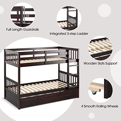 Komfott Wood Bunk Bed With Trundle Twin Over Twin, Solid Pine Wood Bunk Bed Frame With Ladder & Safety Guardrails, Space-Saving Convertible Bunk Bed For Home & Dormitory, No Box Spring Needed #TOP4
