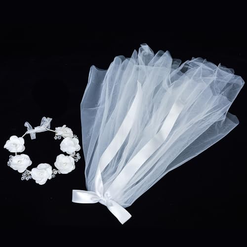 2 Pcs First Communion Accessories Set Girls White Floral Wreath Lace Veil Comb and Floral Crown Set, White 22 Incies3