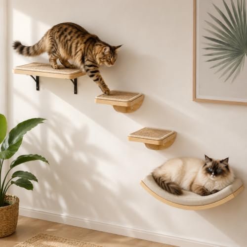 Étagères murales pour chats avec tapis en éponge, arbre d'escalade pour chat avec 2 marches carrées et plateformes incurvées, ensemble de meubles muraux...