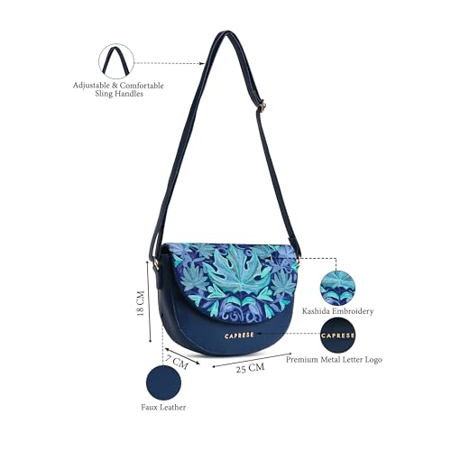 Image of Caprese Siji Tresna Medium Crossbody Bag for Women with Adjustable Strap & Zip Closure | Kashida Velvet Embroidery Sling Bag | Stylish & Lightweight Bag for Daily Use, Travel & Casual Outings