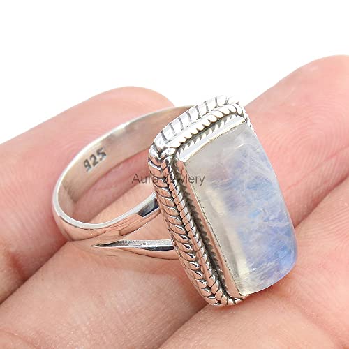 Solid 925 Sterling Silver Ring For Women, Moonstone Ring, Silver Statement Ring, June Birthstone, Bezel Set Rectangle White Gemstone Hypoallergenic Art Deco Ring Christmas Gift