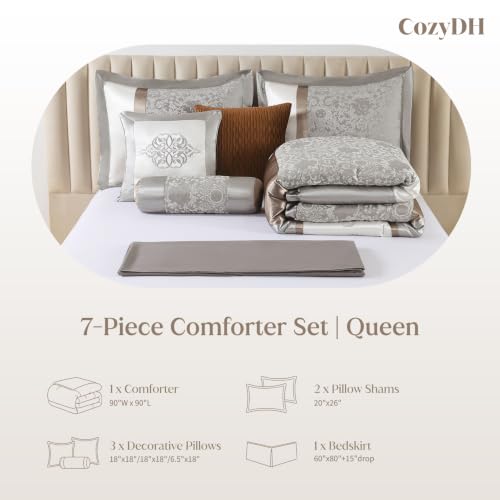 Image of CozyDH Queen Comforter Set Silver Gray - 7 Piece Luxury Jacquard Damask Bed in a Bag, Elegant Embroidery Modern Silk White Patchwork, All Season Down Alternative Bedding with Skirt, Shams, Pillows