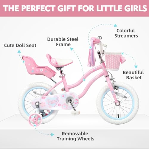 Image of Glerc Petal Girls Bike 12-18 Inch for Ages 2-9, Kids Bike with Training Wheels, Basket & Streamers, Princess Style Kids Bicycle, for Girls