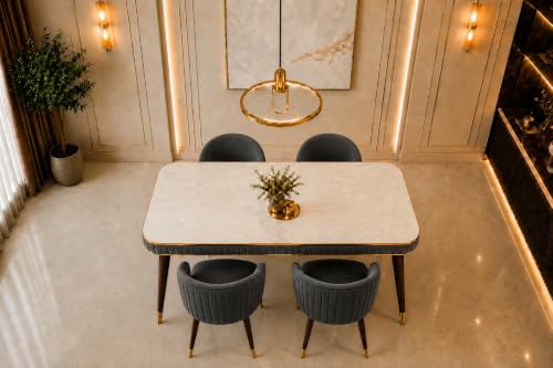Image of WOODEN SPACE Majestic 4 Seater Wooden Dining Table Set | Urban Marble Top Dining Table with Chairs for Dining Room & Kitchen (Dark Grey Majestic Backline)