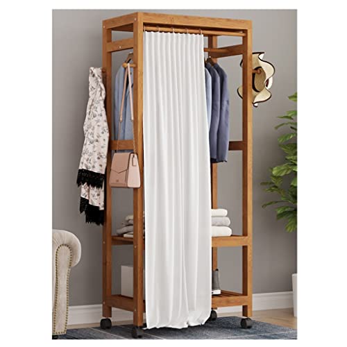 ハンガーラック 耐荷重190kg 2段 棚付 防塵ドアカーテン キャスター付き自立型 ハンガー 多機能 ベッドルーム 衣類 ラック リビング 寝室 玄関 (Color : Khaki, Size : 60*35*165cm)