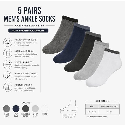 Image of 5 Pairs Men's No Show Ankle Socks, Breathable Cotton Blend Athletic Socks, Moisture Wicking Cushioned Low Cut Running Socks for Gym Walking Casual Daily Wear, Blue White Grey Black Socks Set of 5