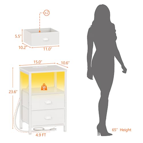 Image of Furologee LED Night Stand with Charging Station, White Nightstand with Fabric Drawers, Bedside Table with Storage Shelf, End Table for Living Room /Bedroom /Dorm