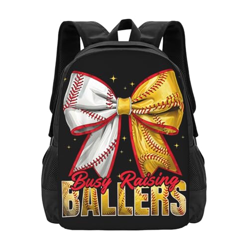 Busy Raising Ballers Softball Baseball Game Day Backpack Large Capacity Backpacks Leisure Travel Daypack 12.5X5.5X16.5 inch