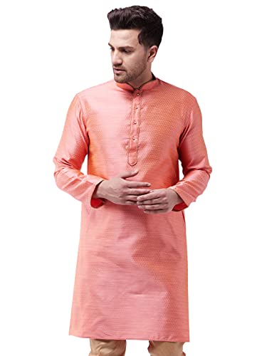 Image of VASTRAMAY VM Mens Silk Blend Kurta - Timeless Elegance for Festivals & Events | Banarasi Cotton with Silk Dobby Jacquard Mandarin Collar Full Sleeves Kurta with a Contrast Piping