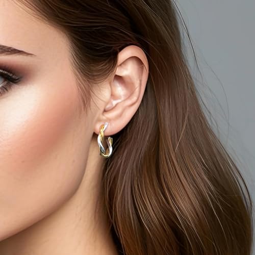 Hypoallergenic Gold and Silver Hoop Earrings for Women, Lightweight Twisted Designed, Mixed Metal with 925 Sterling Silver Post2