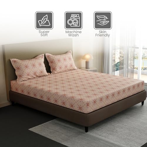 Image of Layers 100% Cotton Fitted Sheet for King Size Bed | Lumina Floret Collection | 144 TC Soft & Breathable | Printed with 2 Pillow Covers | Wrinkle Free & Colorfast | 3 Pc Bedding Set - Pink