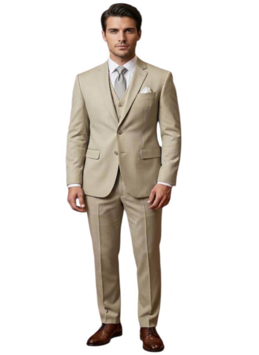 Men’s Lycra Blend 3 Piece Suit Set Beige Formal Slim Fit Blazer Waistcoat Trouser Wedding