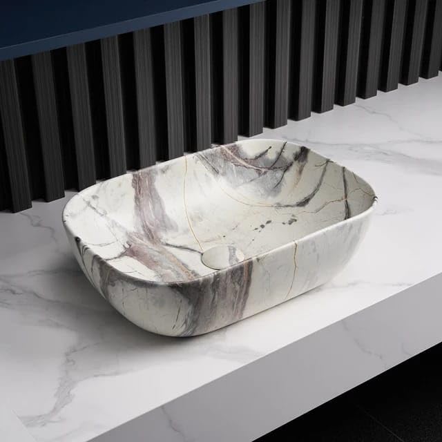 Image of REMOTION Designer Glossy Finish Table Top Ceramic Wash Basin Vessel Sink with Slim Rim |Collapsible Wash Basin | Vessel Sinks For Bathrooms (Marble Beige N Brown, 18 x 13 x 5.5 Inch)