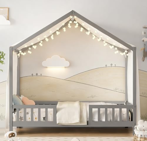 Image of Bellemave Twin House BedFrame with Canopy, Montessori Floor Bed, House Bed with Rails for Kids, Gray